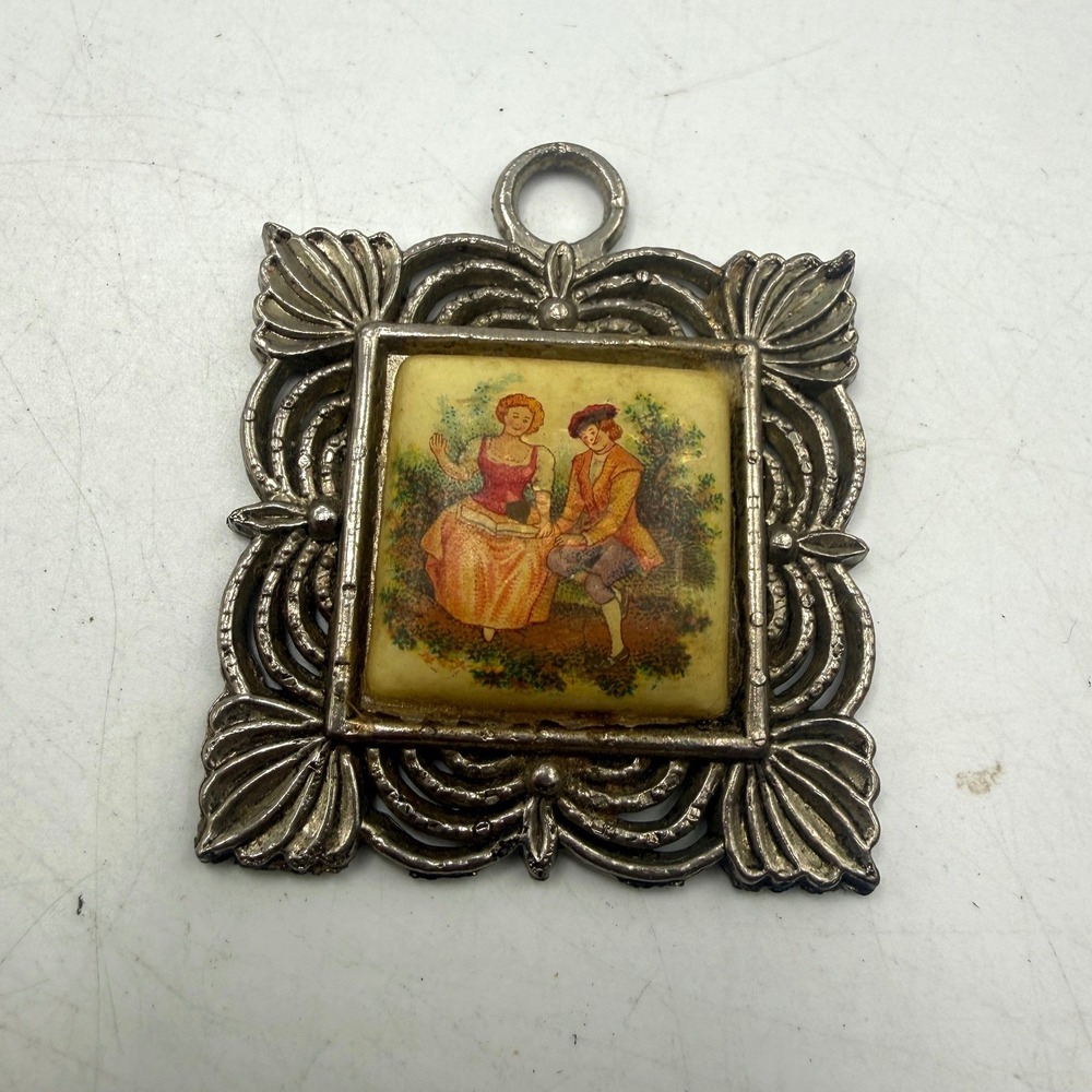 Vintage Fragonard Style Courting Couple Pendant Ornate Silver Tone Square Frame